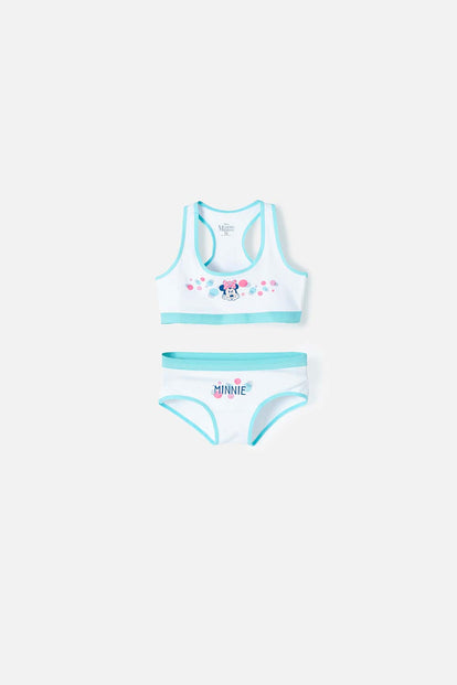 CONJUNTO DE TOP Y PANTY DE MINNIE MOUSE BLANCO Y AZUL PARA NIÑA