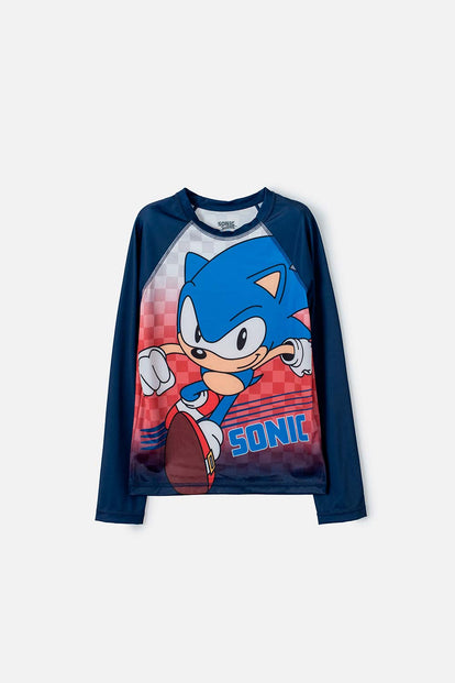 CAMISETA DE BAÑO SONIC MANGA LARGA AZUL Y ROJO PARA NIÑO