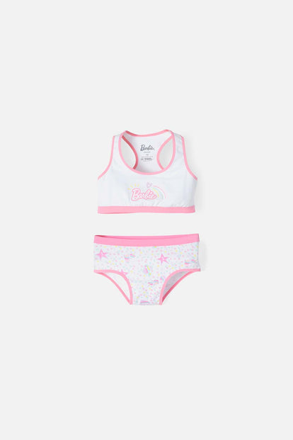 CONJUNTO DE TOP Y PANTY DE BARBIE BLANCO Y ROSADO PARA NIÑA