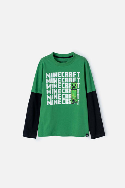 CAMISETA DE MINECRAFT VERDE Y NEGRA MANGA LARGA PARA NIÑO