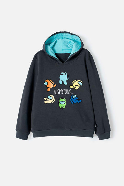 BUZO DE AMONG US CERRADO CON CAPUCHA GRIS PARA NIÑO