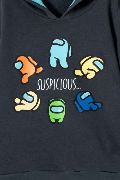 BUZO DE AMONG US CERRADO CON CAPUCHA GRIS PARA NIÑO