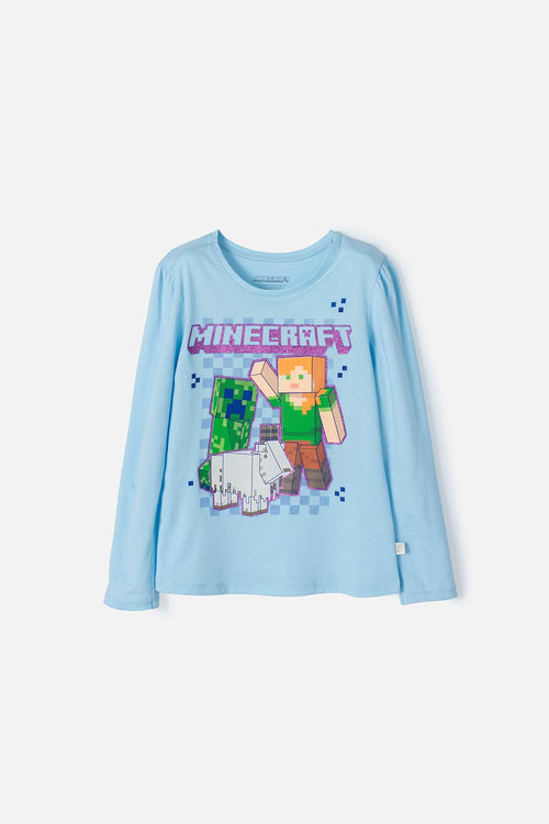 CAMISETA DE MINECRAFT AZUL CLARA MANGA LARGA PARA NIÑA