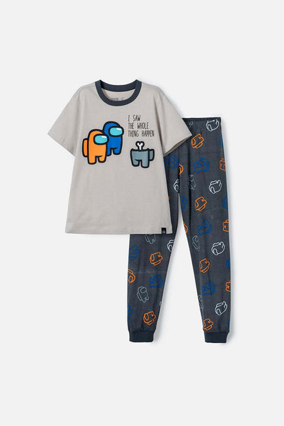 PIJAMA DE AMONG US MANGA CORTA PANTALÓN LARGO GRIS PARA NIÑO