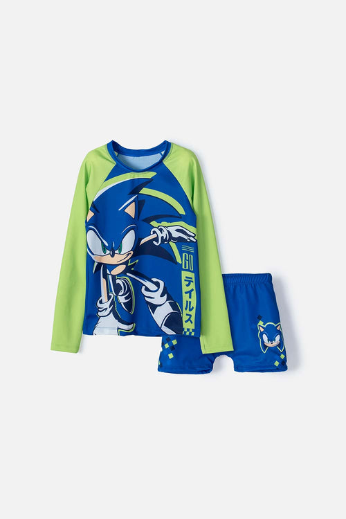 CONJUNTO DE BAÑO SONIC MANGA LARGA  VERDE Y AZUL PARA NIÑO