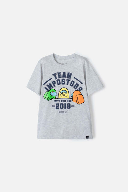 CAMISETA DE AMONG US MANGA CORTA GRIS JASPE PARA NIÑO