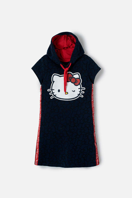 VESTIDO DE HELLO KITTY AZUL OSCURO Y ROJO CON CAPUCHA PARA NIÑA