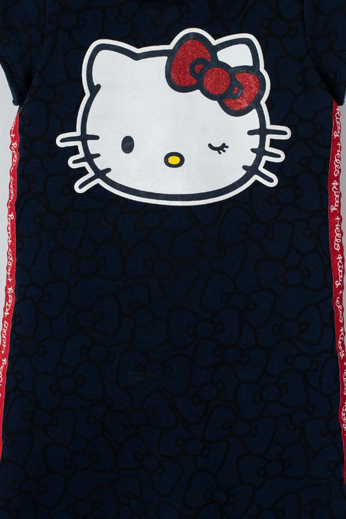 VESTIDO DE HELLO KITTY AZUL OSCURO Y ROJO CON CAPUCHA PARA NIÑA