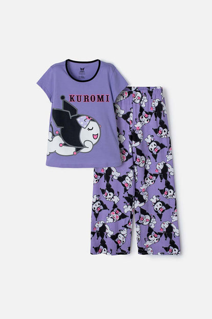 PIJAMA DE KUROMI LILA Y NEGRA CON PANTALÓN LARGO PARA NIÑA