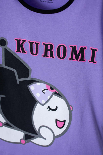 PIJAMA DE KUROMI LILA Y NEGRA CON PANTALÓN LARGO PARA NIÑA