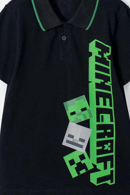 CAMISETA TIPO POLO MINECRAFT NEGRA PARA NIÑO