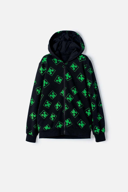 BUZO DE MINECRAFT CON CIERRE NEGRO Y VERDE PARA NIÑO