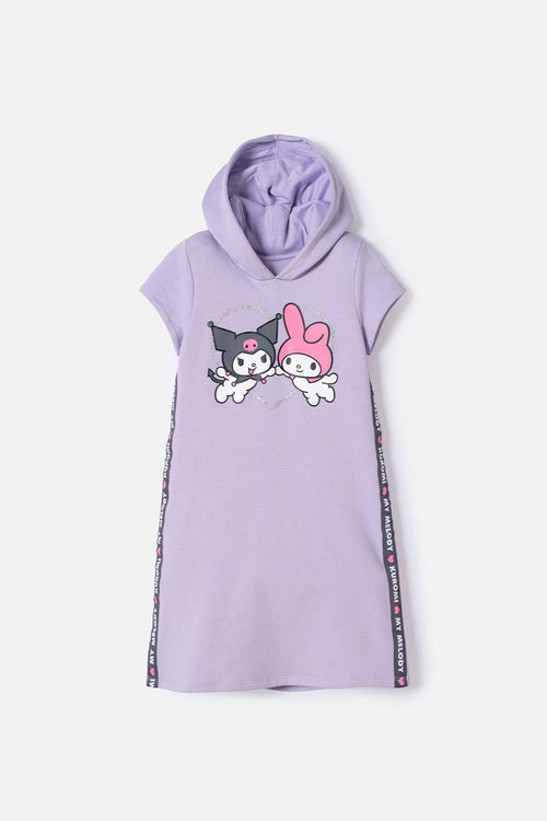 VESTIDO DE MY MELODY & KUROMI LILA CON ESTAMPADO EN FRENTE PARA NIÑA