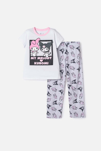 PIJAMA DE MY MELODY & KUROMI GRIS Y BLANCA DE PANTALÓN LARGO PARA NIÑA