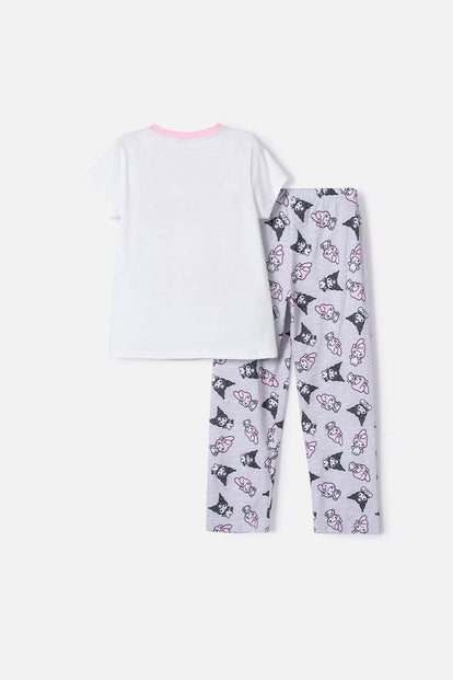 PIJAMA DE MY MELODY & KUROMI GRIS Y BLANCA DE PANTALÓN LARGO PARA NIÑA