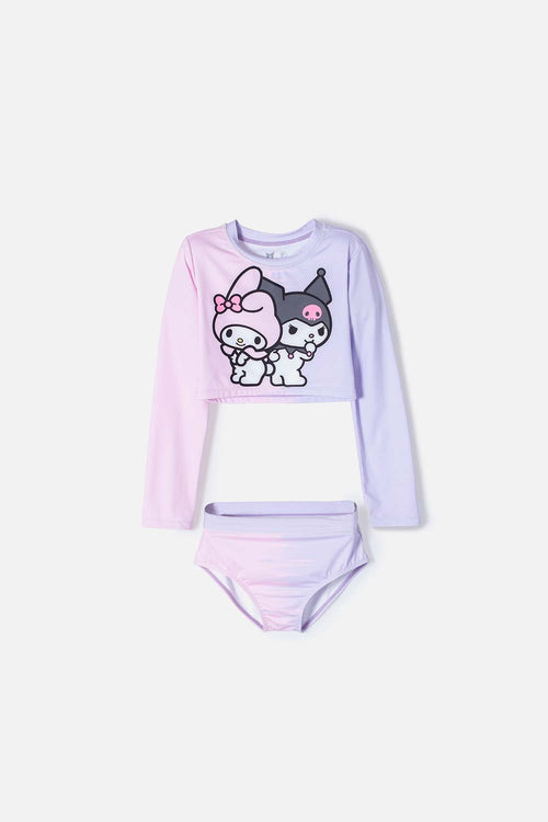 CONJUNTO DE BAÑO DE MY MELODY & KUROMI ROSADO Y LAVANDA MANGA LARGA PARA NIÑA
