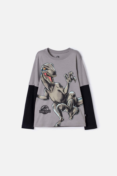 CAMISETA DE JURASSIC WORLD GRIS Y NEGRA DOBLE MANGA PARA NIÑO