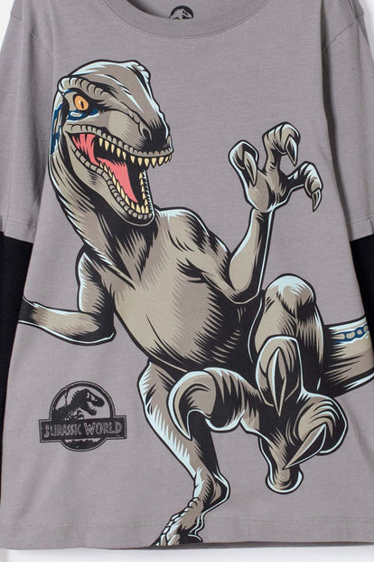CAMISETA DE JURASSIC WORLD GRIS Y NEGRA DOBLE MANGA PARA NIÑO