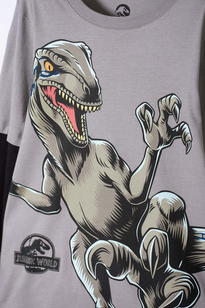 CAMISETA DE JURASSIC WORLD GRIS Y NEGRA DOBLE MANGA PARA NIÑO
