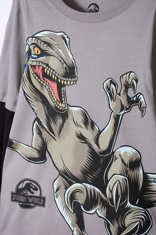 CAMISETA DE JURASSIC WORLD GRIS Y NEGRA DOBLE MANGA PARA NIÑO