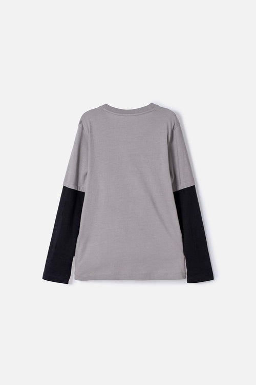 CAMISETA DE JURASSIC WORLD GRIS Y NEGRA DOBLE MANGA PARA NIÑO