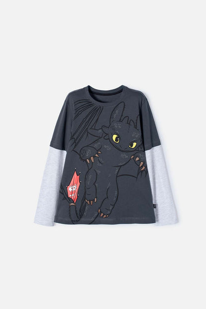 CAMISETA CÓMO ENTRENAR A TU DRAGÓN GRIS MANGA LARGA PARA NIÑO