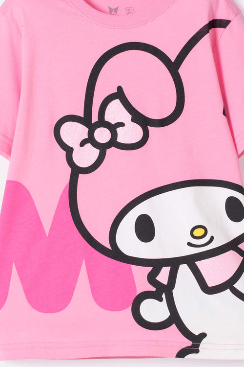 CAMISETA DE MY MELODY & KUROMI ROSADA CON ESTAMPADO EN FRENTE PARA NIÑA