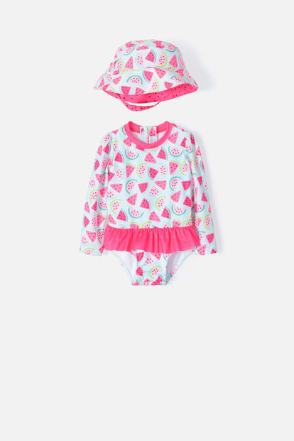 VESTIDO DE BAÑO LITTLEMIC CON GORRO AZUL Y FUCSIA PARA BEBÉ NIÑA
