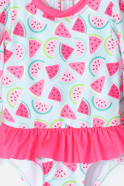 VESTIDO DE BAÑO LITTLEMIC CON GORRO AZUL Y FUCSIA PARA BEBÉ NIÑA