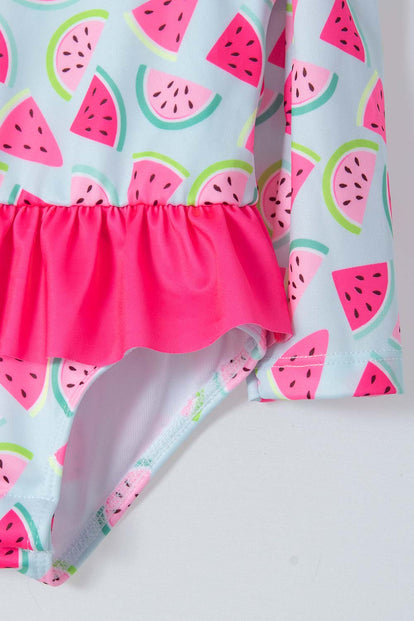 VESTIDO DE BAÑO LITTLEMIC CON GORRO AZUL Y FUCSIA PARA BEBÉ NIÑA