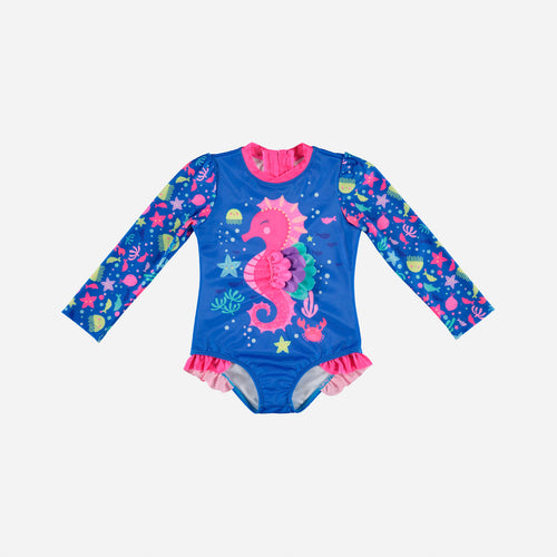 VESTIDO DE BAÑO LITTLEMIC DE UNA SOLA PIEZA  AZUL Y FUCSIA PARA NIÑA 2T A 5T