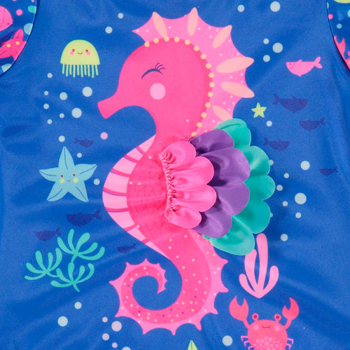 VESTIDO DE BAÑO LITTLEMIC DE UNA SOLA PIEZA  AZUL Y FUCSIA PARA NIÑA 2T A 5T