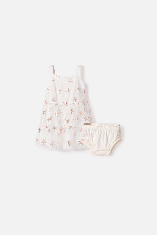 VESTIDO DE LITTLEMIC CON PANTY CRUDO PARA BEBÉ NIÑA