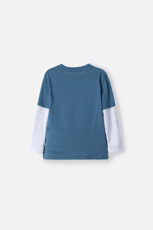 CAMISETA LITTLEMIC AZUL Y GRIS ESTAMPADA EN FRENTE PARA NIÑO 2T A 5T