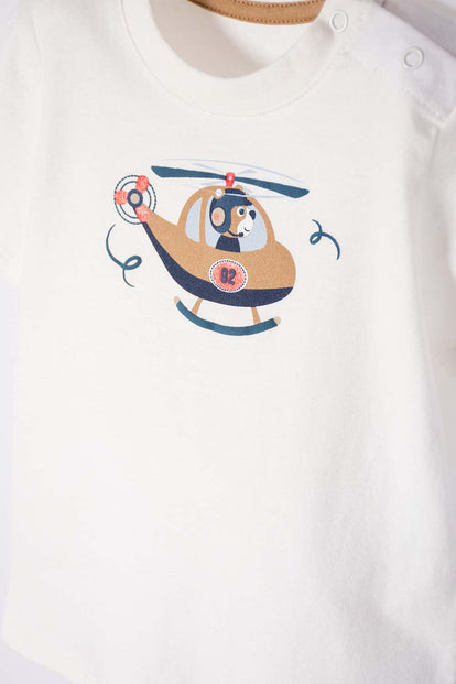 CONJUNTO LITTLEMIC MARFIL Y CAFÉ MANGA CORTA PARA BEBÉ NIÑO