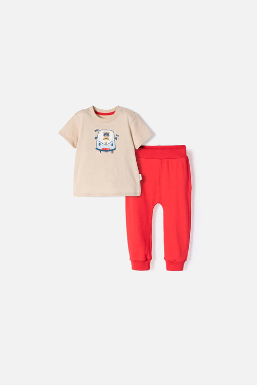 CONJUNTO LITTLEMIC CAQUI Y ROJO ESTAMPADO EN FRENTE PARA BEBÉ NIÑO