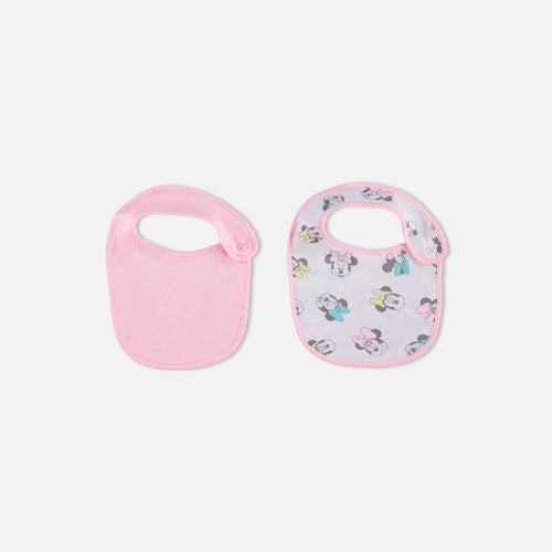 BABEROS X2 DE MINNIE MOUSE CON BROCHE AJUSTABLE ROSADO Y BLANCO PARA BEBÉ NIÑA