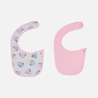 BABEROS X2 DE MINNIE MOUSE CON BROCHE AJUSTABLE ROSADO Y BLANCO PARA BEBÉ NIÑA