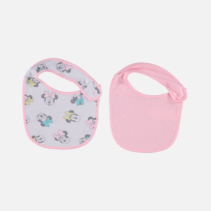 BABEROS X2 DE MINNIE MOUSE CON BROCHE AJUSTABLE ROSADO Y BLANCO PARA BEBÉ NIÑA
