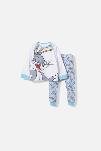 PIJAMA DE BUGS BUNNY MANGA LARGA BLANCA Y AZUL CLARO PARA BEBÉ UNISEX