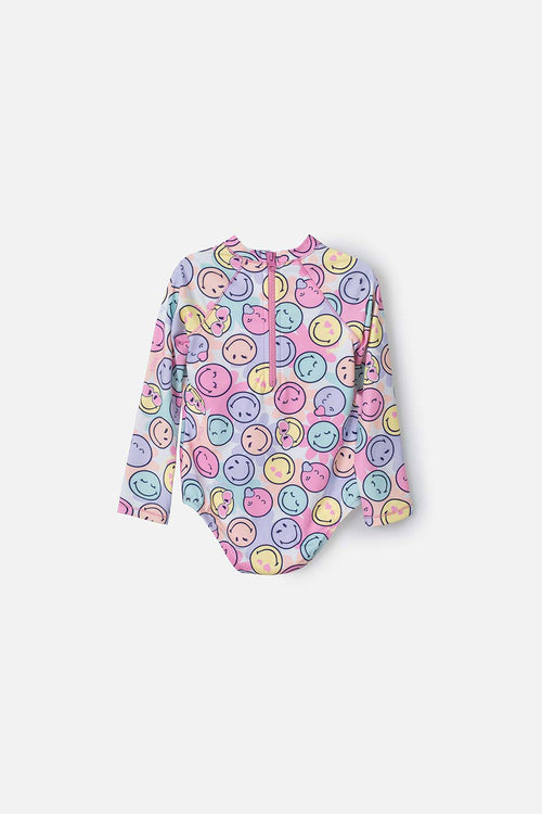 VESTIDO DE BAÑO DE SMILEY MULTICOLOR MANGA LARGA PARA NIÑA 2T A 5T