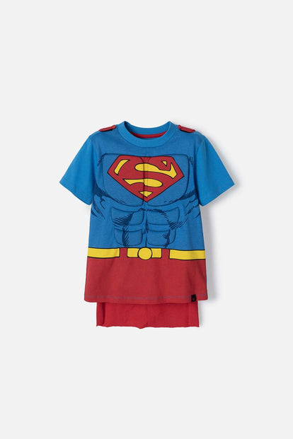 CAMISETA DE SUPERMAN CON CAPA AZUL Y ROJO PARA NIÑO 2T A 5T