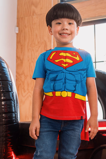 CAMISETA DE SUPERMAN CON CAPA AZUL Y ROJO PARA NIÑO 2T A 5T