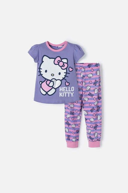 PIJAMA DE HELLO KITTY CON PANTALÓN LARGO MORADO Y ROSADO PARA NIÑA 2T A 5T