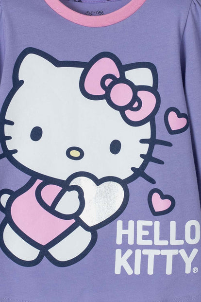PIJAMA DE HELLO KITTY CON PANTALÓN LARGO MORADO Y ROSADO PARA NIÑA 2T A 5T