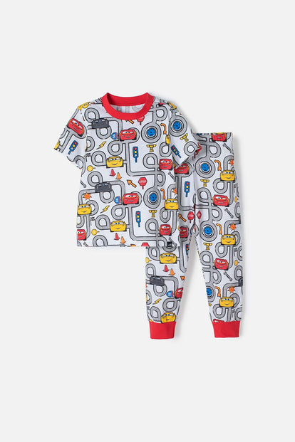 PIJAMA DE CARS CON PANTALÓN LARGO BLANCO Y ROJO PARA NIÑO 2T A 5T