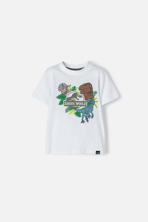 CAMISETA DE JURASSIC WORLD BLANCA MANGA CORTA PARA NIÑO 2T A 5T