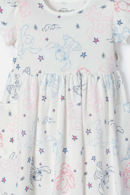 VESTIDO DE STITCH MARFIL MANGA CORTA PARA NIÑA 2T A 5T