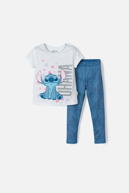 CONJUNTO DE STITCH CON CAMISETA BLANCO Y AZUL PARA NIÑA 2T A 5T