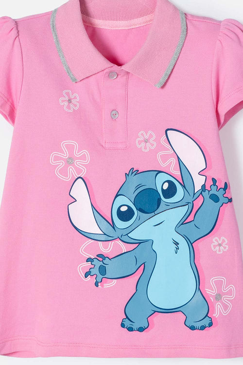 CAMISETA TIPO POLO DE STITCH ROSADA CON ESTAMPADO PARA NIÑA 2T A 5T